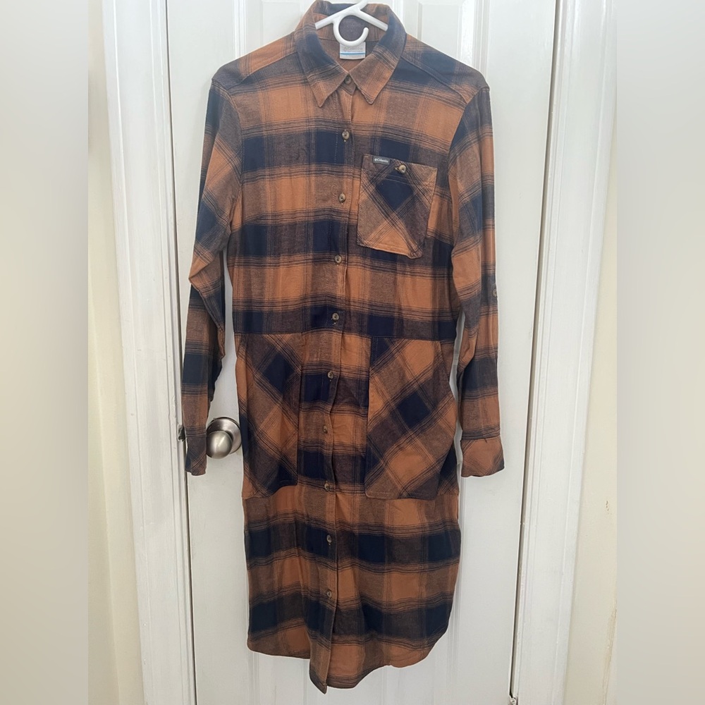 Columbia Black Brown Plaid Collar Button Down Pocket Long sleeve Shirt Dress S